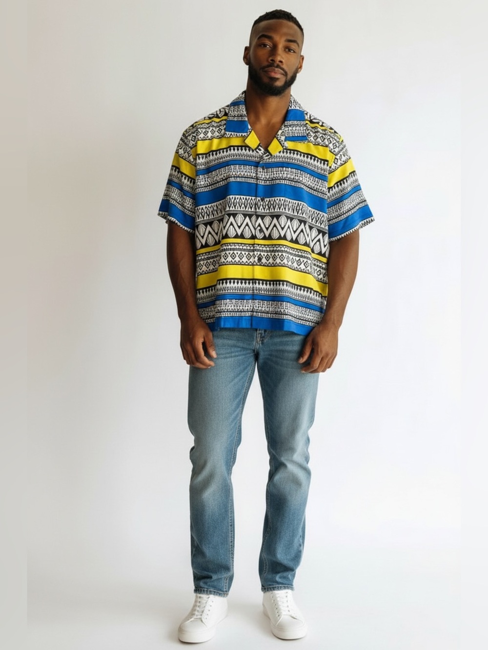 Fashion Nova Men's Short-Sleeve Camp Shirt - Blue, Yellow & Black